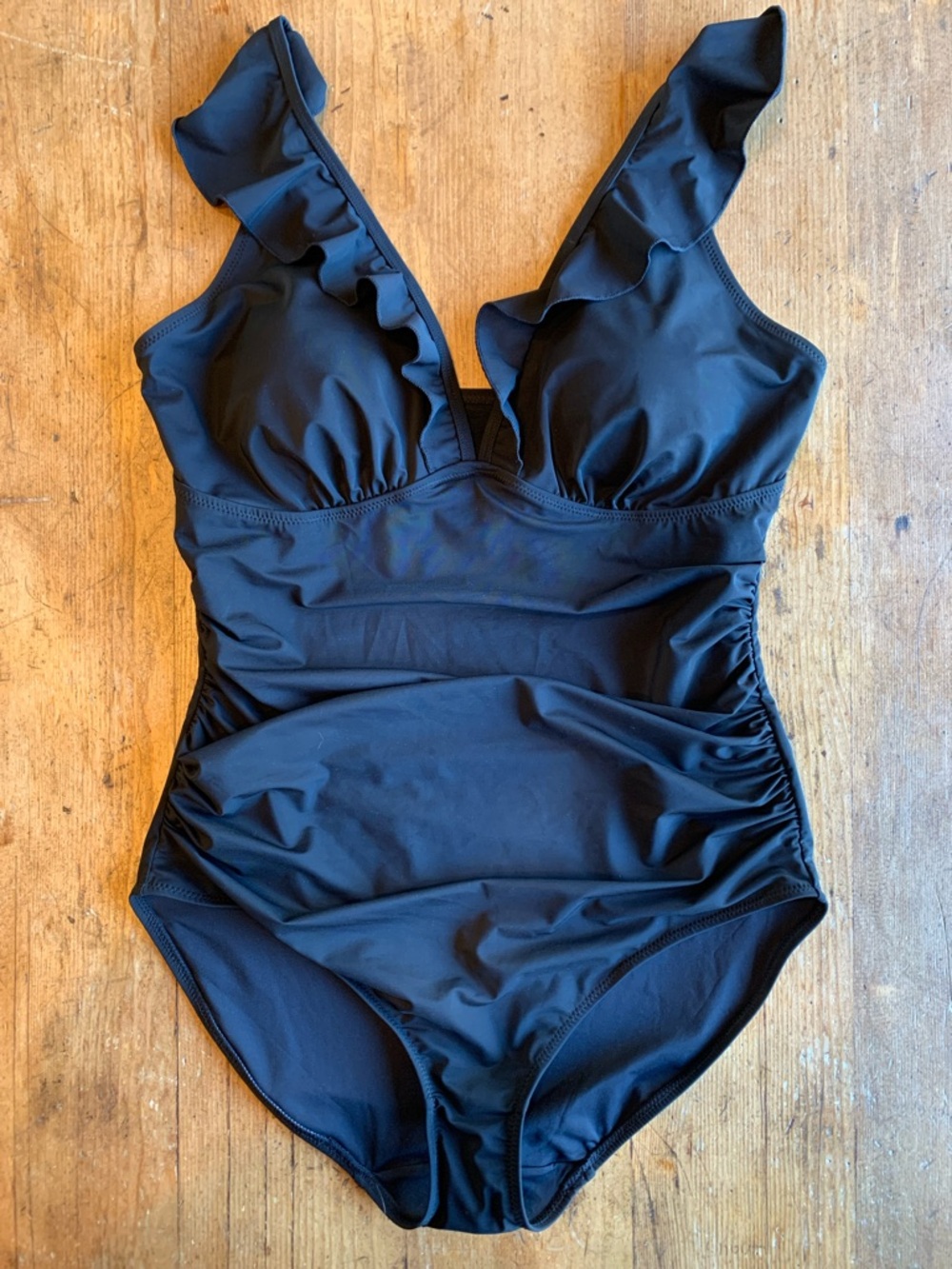 Ruffled V-Neck Black One-Piece Swimsuit